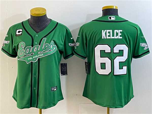 Womens Philadelphia Eagles #62 Jason Kelce Green With 4-Star C Patch Cool Base Stitched Baseball Jersey(Run Small)